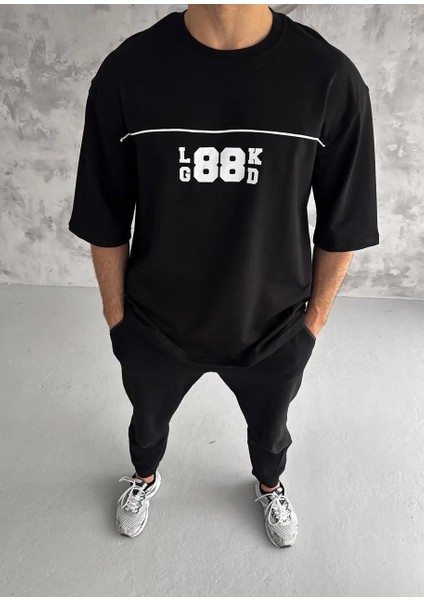 Unisex Bisiklet Yaka Baskılı Oversize T-Shirt - Siyah