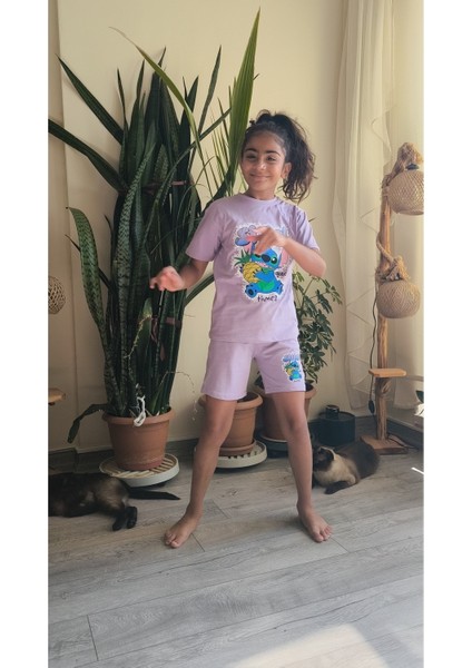Kız Çocuk Şortlu Takım Stitchli Mor, Yeşil