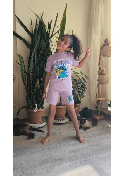 Kız Çocuk Şortlu Takım Stitchli Mor, Yeşil modelleri