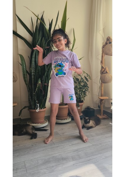 Kız Çocuk Şortlu Takım Stitchli Mor, Yeşil fırsatları