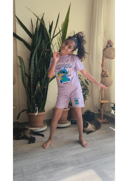 Kız Çocuk Şortlu Takım Stitchli Mor, Yeşil indirimleri