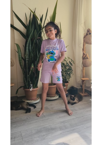 Kız Çocuk Şortlu Takım Stitchli Mor, Yeşil