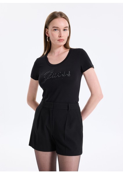 Yuvarlak Yaka Baskılı Siyah Kadın T-Shirt Embro Kadın Slim Fit T-Shirt