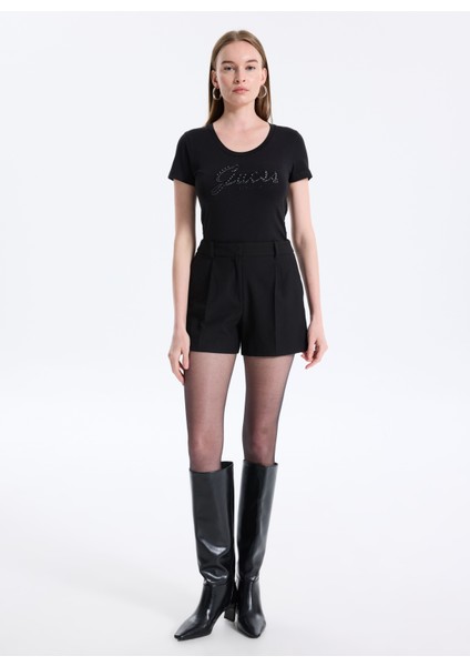 Yuvarlak Yaka Baskılı Siyah Kadın T-Shirt Embro Kadın Slim Fit T-Shirt fiyatları