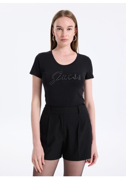 Yuvarlak Yaka Baskılı Siyah Kadın T-Shirt Embro Kadın Slim Fit T-Shirt modelleri