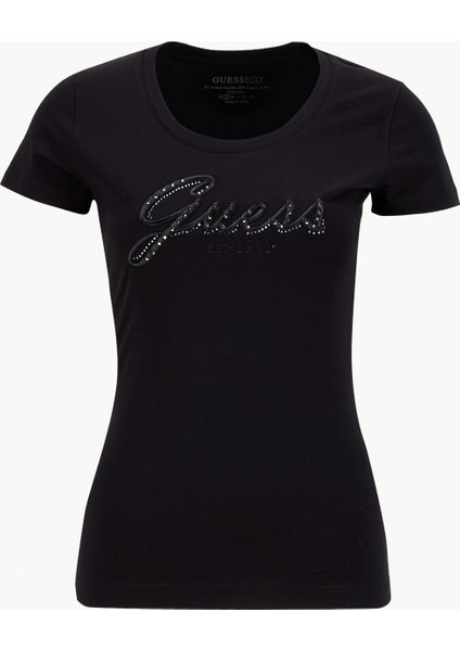 Yuvarlak Yaka Baskılı Siyah Kadın T-Shirt Embro Kadın Slim Fit T-Shirt