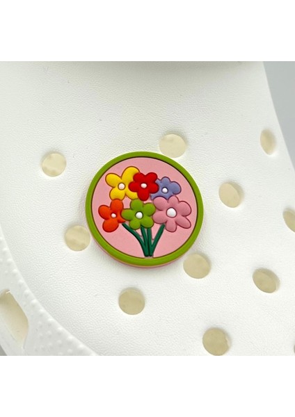 Terlik Süsü ve Aksesuarı , Çanta Süsü – Jibbitz 3D Çiçekli Yuvarlak Tablo Logo Aksesuar