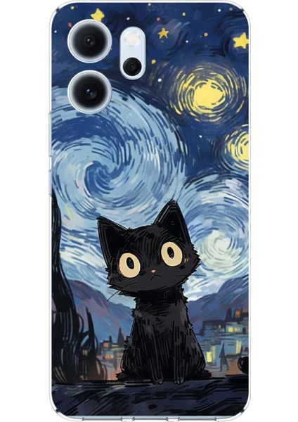 Oppo Reno 14F Uyumlu Gece Yarısı Kedi Tasarımlı Baskılı Silikon Kılıf