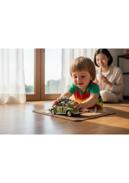 Klasik Işıklı Sesli Metal Araba - Yeşil Valizli Retro Beetle