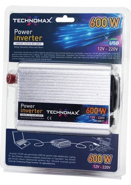 Power Inverter Güç Çevirici 600W 12V-220V Dc-Doğru Akımı--Ac-Alternatif Akıma Çevirir TM-9201 (K95)