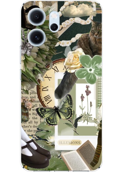 Oppo Reno 14F Uyumlu Yeşil Estetik Pano Kolaj Baskılı Silikon Kılıf