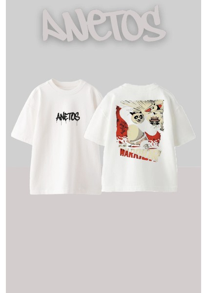 Panda 2 Tasarım Sırt Baskılı Pamuk Beyaz Oversize T-Shirt
