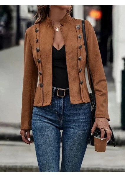Kadın Uzun Kollu Hakim Yaka Yanlardan Düğmeli Kısa Süet Ceket modelleri