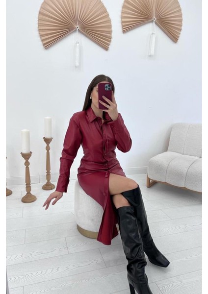Kırmızı Boydan Düğmeli Deri Elbise modelleri