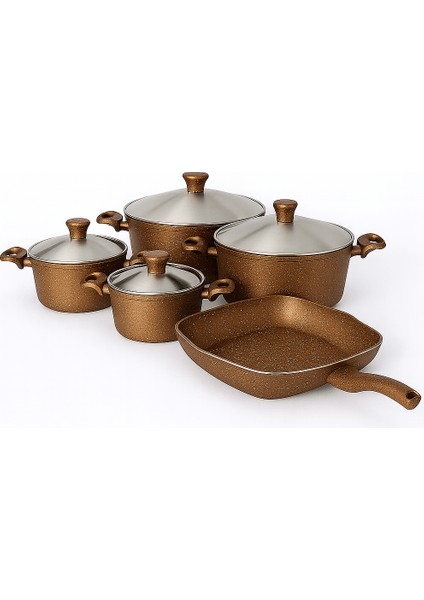 Granit Tencere & Grill Tava Seti 9 Parça Kalın Malzeme Xxl Aşiret Boy Uzun Ömürlü Çeyizlik