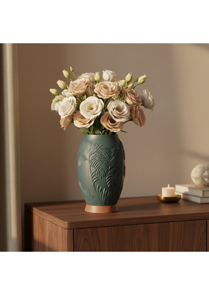 Pamore Dekoratif Vazo - Çam Yeşili / Ahşap Tabanlı