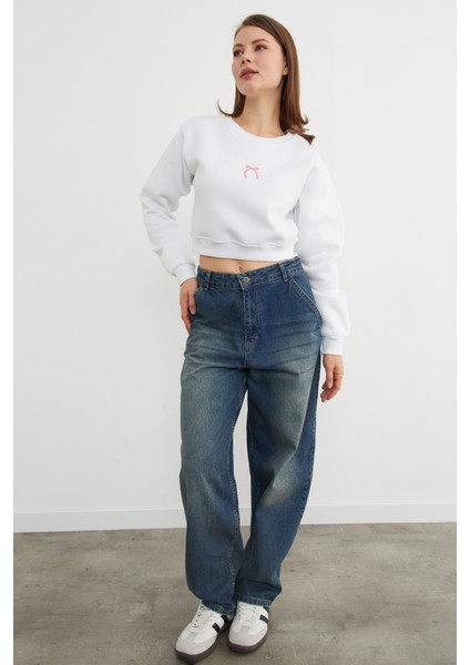 3 Iplik Fiyonk Nakışlı Crop Sweatshirt modelleri