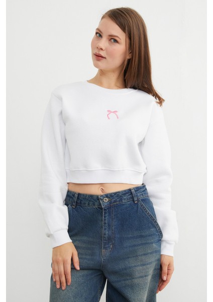 3 Iplik Fiyonk Nakışlı Crop Sweatshirt indirimleri