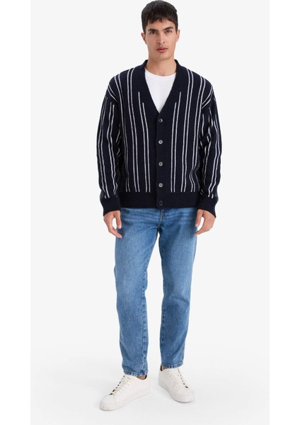 Relax Fit V Yaka Çizgili Düğmeli Triko Hırka F7279AX25WN fiyatları