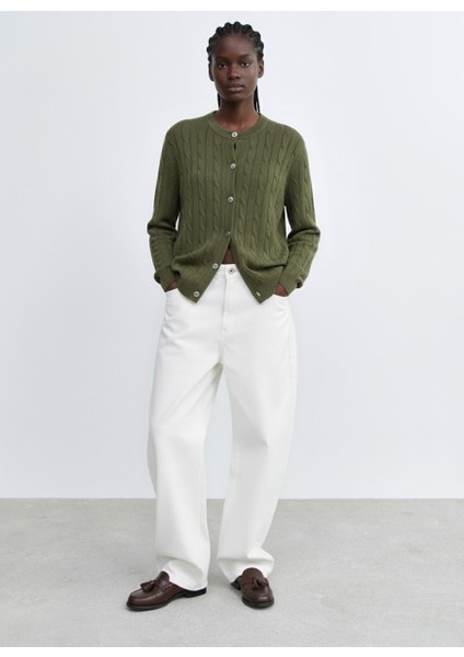 Uzun Kollu Önü Düğmeli Triko Yeşil Hırka