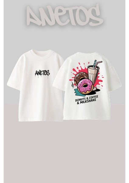 Donuts Coffee Tasarım Sırt Baskılı Pamuk Beyaz Oversize T-Shirt