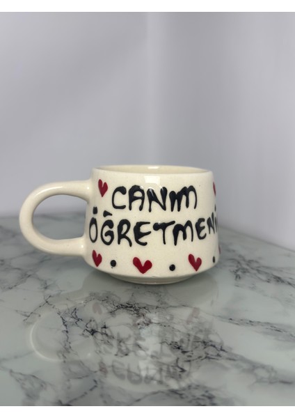 Seramik El Yapımı Öğretmenler Gününe Özel Kalp Desenli Bardak | Yelkovanstudio