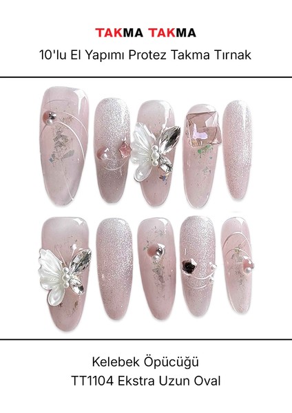 10'lu Pembe Extra Uzun Oval TT1104 Tekrar Kullanılabilir El Yapımı Protez Takma Tırnak - Pembe-L