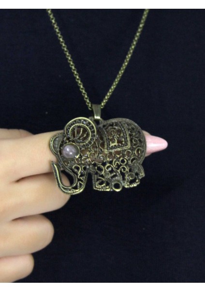 Doğal Taş Pembe Kuvars Doğal Taşlı Fil Modelli Antik Kadın Kolye EUK43PK