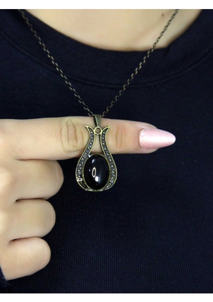 Doğal Taş Oniks Doğal Taşlı Lale Modelli Antik Kadın Kolye EUK44O