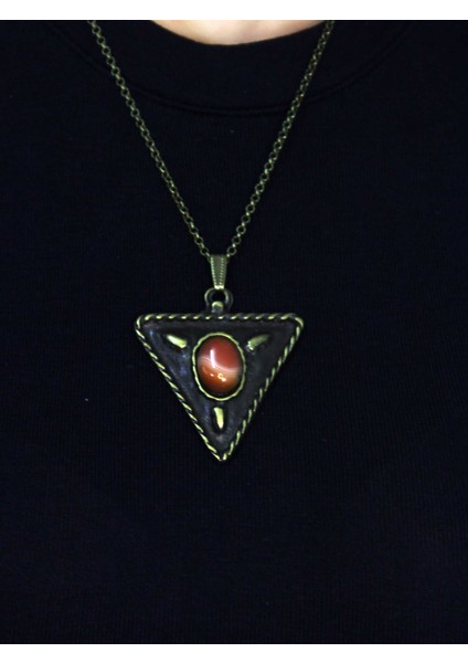 Doğal Taş Yemen Akik Doğal Taşlı Üçgen Model Antik Kadın Kolye EUK41YMA