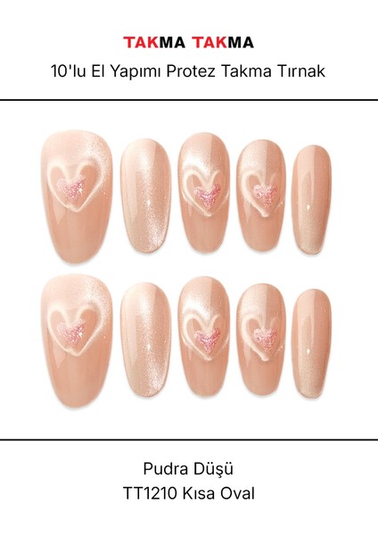 10'lu Pembe Kısa Oval TT1210 Tekrar Kullanılabilir El Yapımı Protez Takma Tırnak - Ten Rengi-Pembe-M indirimleri