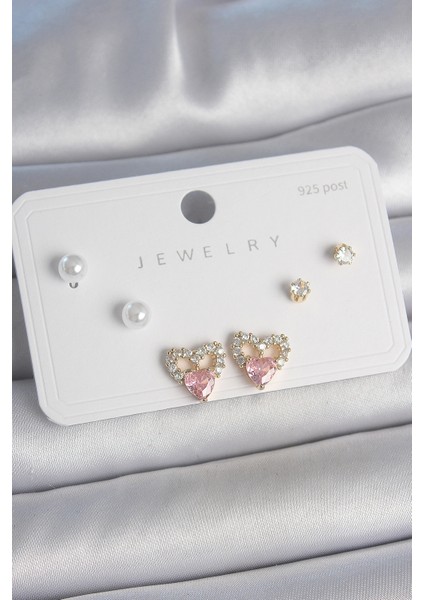 Pirinç Gold Renk Pembe Zirkon Taşlı Kalp Model Inci Detay 925 Ayar Kadın Küpe Seti - TJ-BKP10488