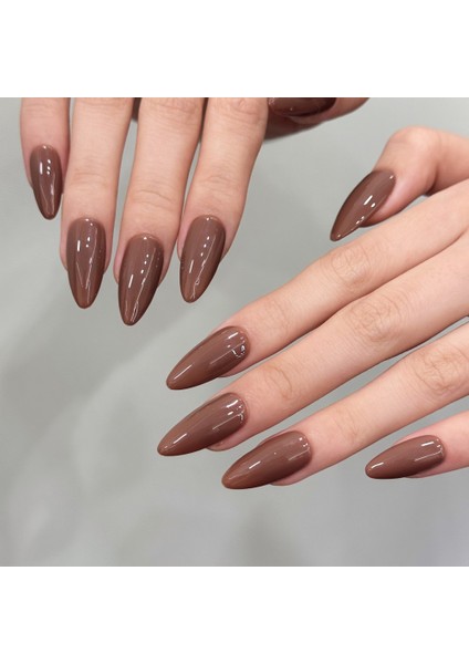 10'lu Kahverengi Uzun Badem TT1326 Tekrar Kullanılabilir El Yapımı Protez Takma Tırnak - Kahverengi-L
