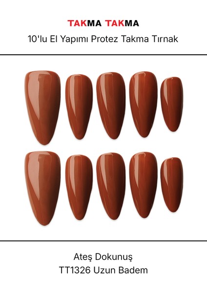 10'lu Kahverengi Uzun Badem TT1326 Tekrar Kullanılabilir El Yapımı Protez Takma Tırnak - Kahverengi-L modelleri