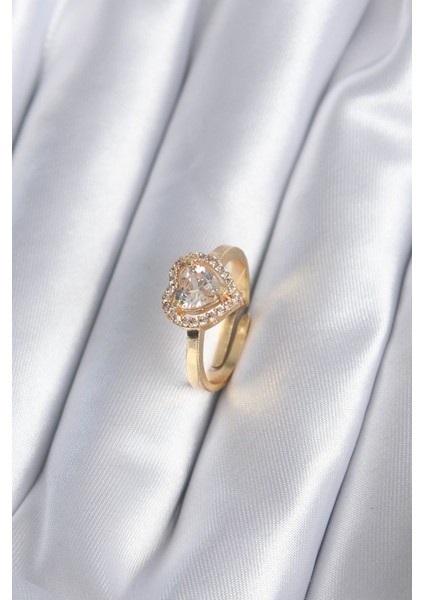 bulurum pirinç gold renk zirkon taşlı kalp charm model kadın yüzük