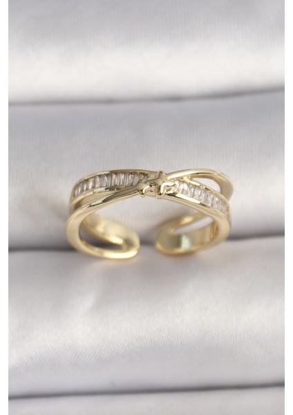 bulurum pirinç gold renk zirkon taşlı yıldız detaylı ayarlanabilir kadın yüzük