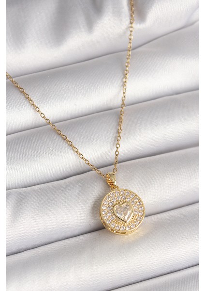 316L Çelik Gold Renk Zincir Madalyon Zirkon Taşlı Kalp Model Kadın Kolye - TJ-BKO9946