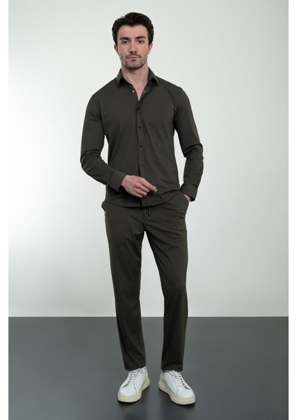 Düz Haki Slim Fit Çıtçıtlı Erkek Gömlek Pantolon Takım