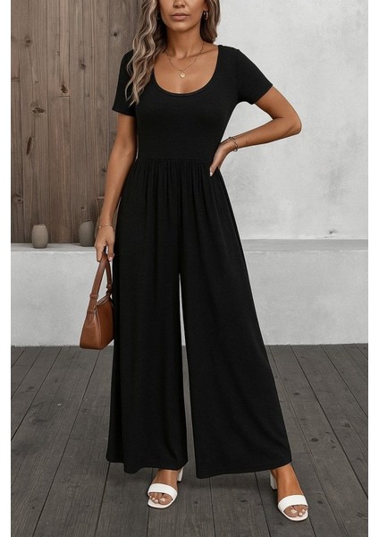 Kadın Kısa Kollu Yuvarlak Yaka Geniş Paçalı Bürümcük Tulum