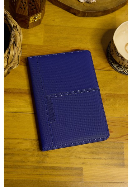 Kişiye Özel Lacivert Vegan Deri Telefon Cepli Dikişili Düz 224 Sayfa Çizgili Not Defteri