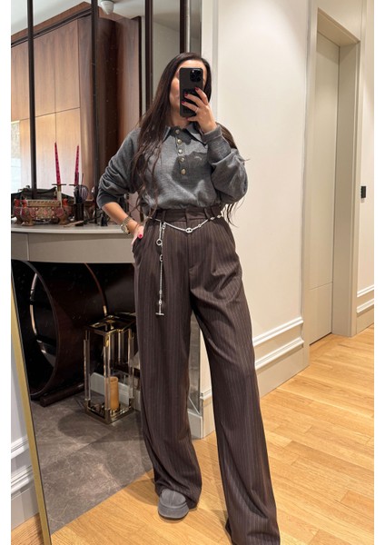 Çizgili Premium Palazzo- Kahverengi fırsatları