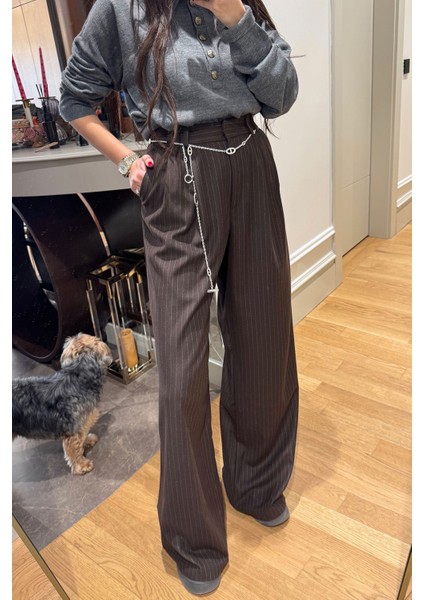 Çizgili Premium Palazzo- Kahverengi indirimleri