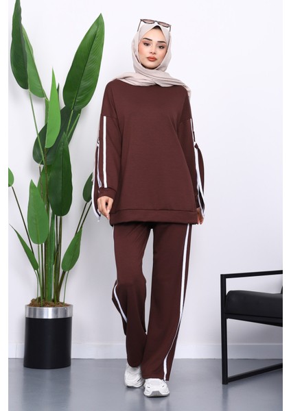 Kahverengi Kol Bağlamalı Tunik Pantolonlu Takım