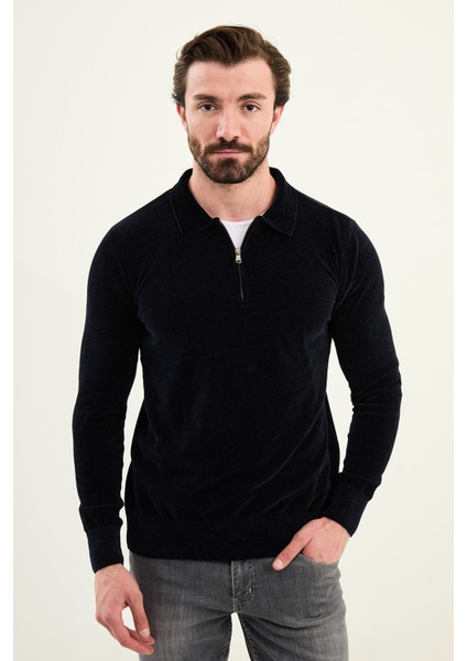 Düz Slim Fit Fermuarlı Polo Yaka Şönil Kumaş Erkek Triko