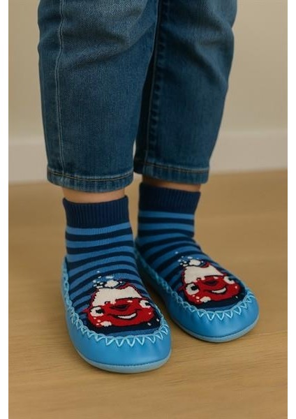 Çocuk Araba Desenli Makosen Soket Çorap Patik Panduf – Kaydırmaz Ev & Anaokulu Ayakkabısı Mavi