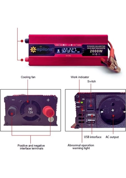 Lisinya 12V 2000W Modifiye Sınus Inverter 220V Dijital Göstergeli- Taşınabilir Güç Kaynağı ( Lisinya ) modelleri