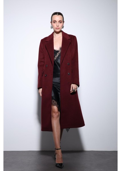 Bordo Yün Karışımlı Kruvaze Kadın Kaban modelleri