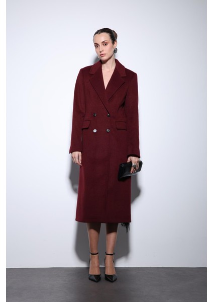 Bordo Yün Karışımlı Kruvaze Kadın Kaban