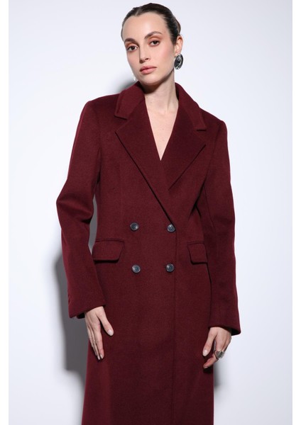 Bordo Yün Karışımlı Kruvaze Kadın Kaban