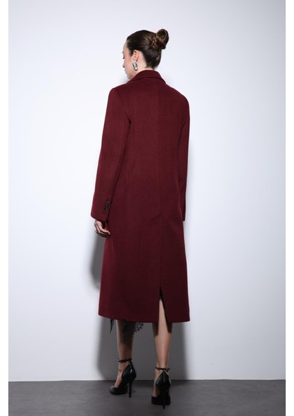 Bordo Yün Karışımlı Kruvaze Kadın Kaban